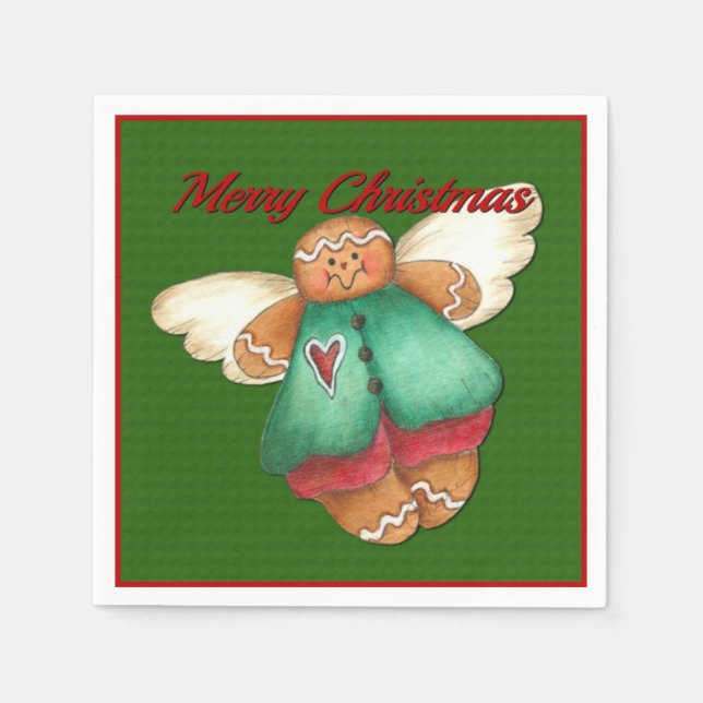 Merry Christmas Gingerbread Angel Green Napkins (Front)