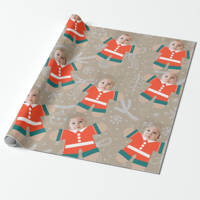 Merry Christmas Gingerbread Custom Face Funny Wrapping Paper (Unrolled)