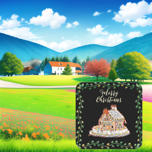 Merry Christmas Gingerbread House Green Wreath Square Sticker