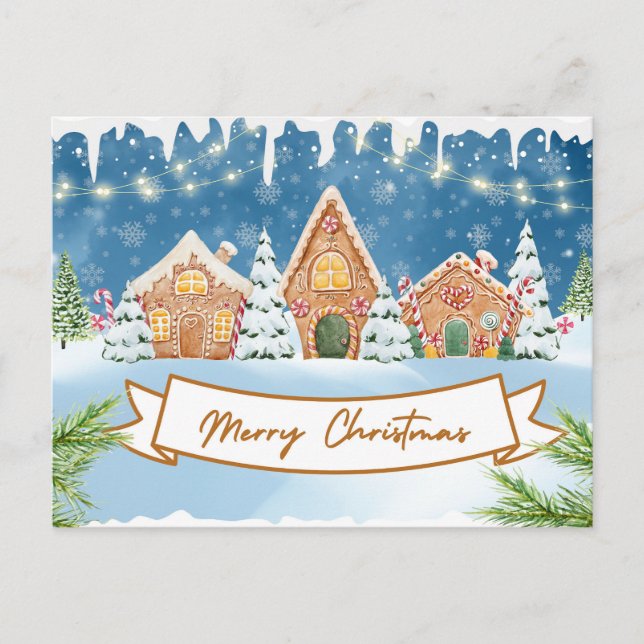 Merry Christmas Gingerbread Houses Holiday Postcard (Front)