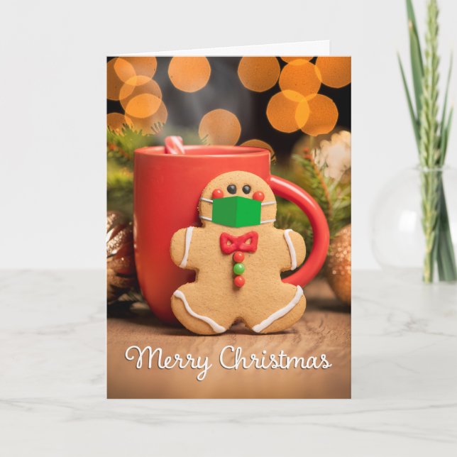 Merry Christmas Gingerbread Man in Covid Face Mask Holiday Card (Front)
