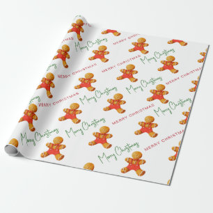 Merry Christmas Gingerbread Man Pattern Script Wrapping Paper