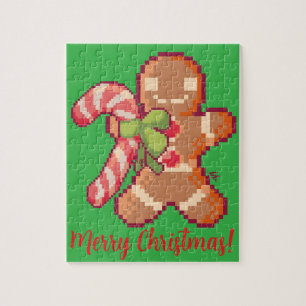 Merry Christmas, gingerbread man, Pixelart, Pixel Jigsaw Puzzle