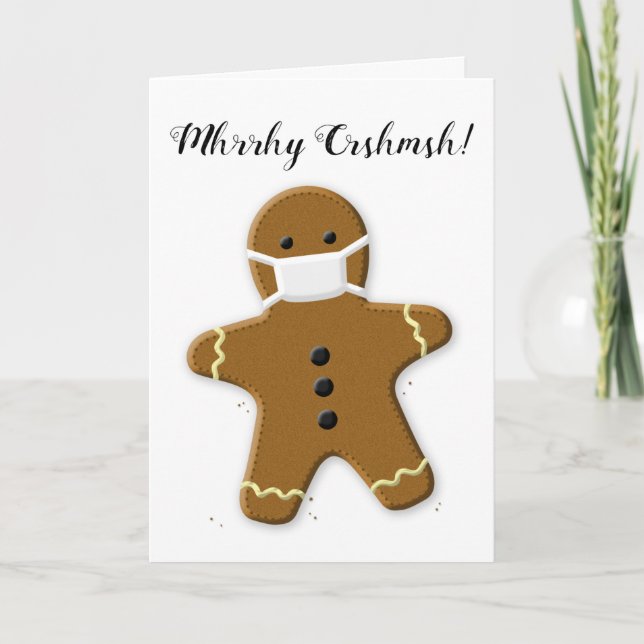 Merry Christmas Gingerbread Man with Face Mask Holiday Card (Front)
