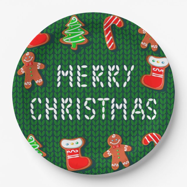 Merry Christmas Gingerbread Ornaments on Green Paper Plate (Front)