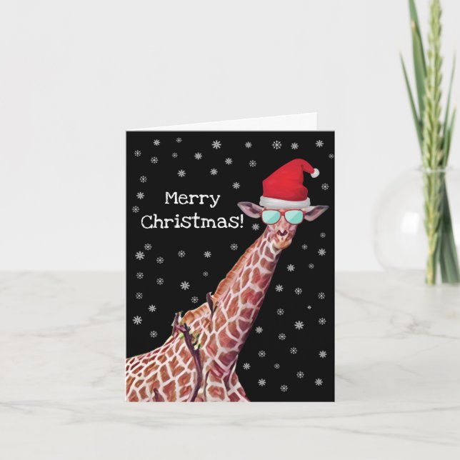 Merry Christmas Giraffe with Santa Hat Snowflakes Holiday Card (Front)