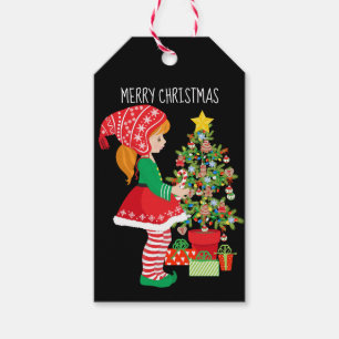Merry Christmas Girl Elf and Christmas Tree Gift Tags