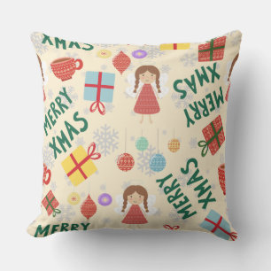 Merry Christmas girly pink background with present Cushion