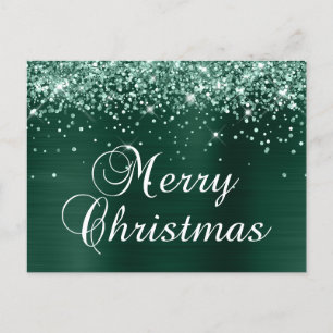 Merry Christmas Glitterн Pine Green Foil Holiday Postcard