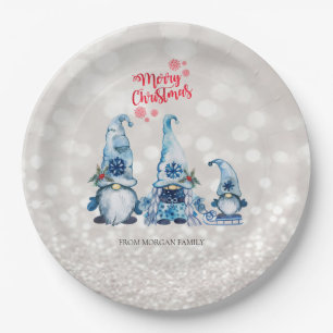 Merry Christmas,Glitter Bokeh,Cute Blue Gnomes  Paper Plate