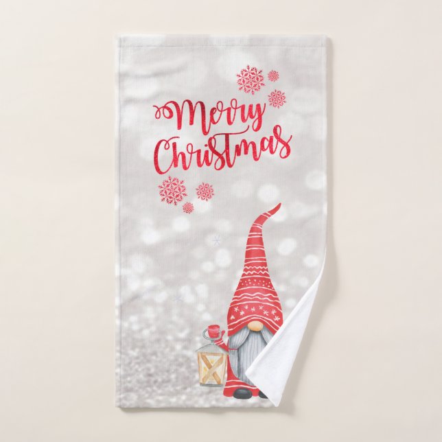 Merry Christmas,Glitter Bokeh,Cute Gnome  Bath Towel Set (Hand Towel)