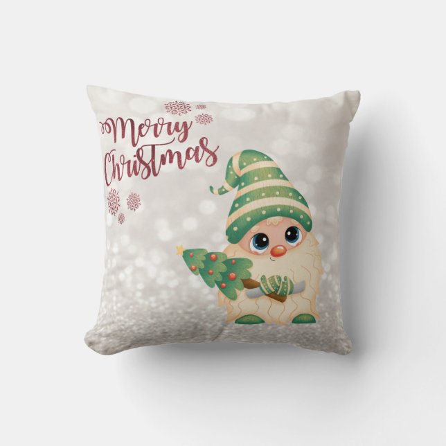 Merry Christmas,Glitter Bokeh,Cute Gnome Pine Tree Cushion (Front)