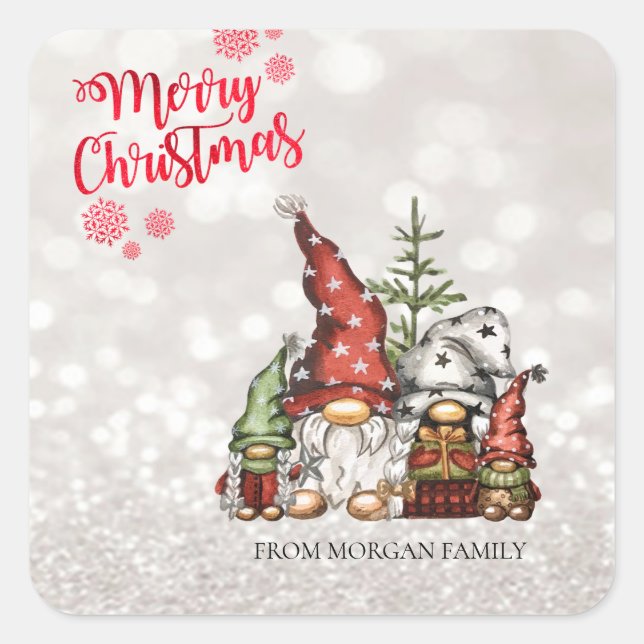 Merry Christmas,Glitter Bokeh,Cute Gnomes Family Square Sticker (Front)