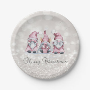 Merry Christmas,Glitter Bokeh,Cute Pink Gnomes  Paper Plate