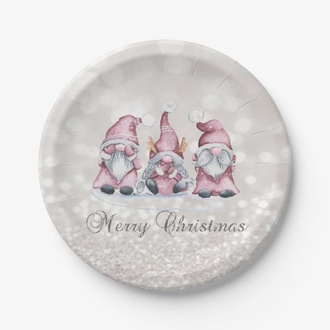 Merry Christmas,Glitter Bokeh,Cute Pink Gnomes  Paper Plate (Front)