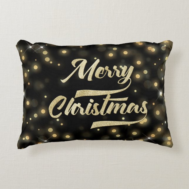 Merry Christmas Glitter Bokeh Gold Black Decorative Cushion (Front)