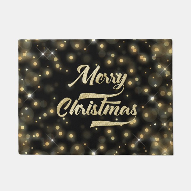 Merry Christmas Glitter Bokeh Gold Black Doormat (Front)
