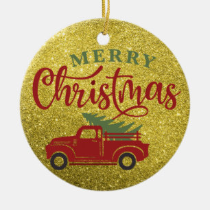 Merry Christmas Glitter Red Truck Christmas Tree Ceramic Ornament