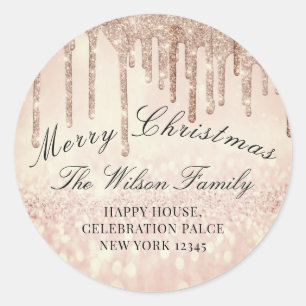 Merry Christmas Glitter RSVP Rose Smoky Drips Classic Round Sticker