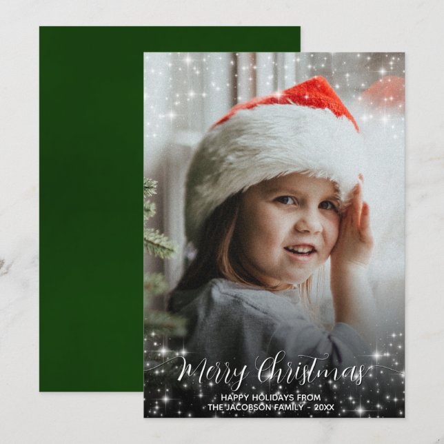 Merry Christmas Glitter Stars Photo Overlay Green Holiday Card (Front/Back)