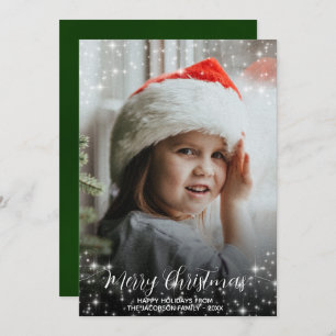 Merry Christmas Glitter Stars Photo Overlay Green Holiday Card
