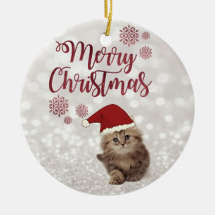 Merry Christmas,Glittery Bokeh,Cat With Santa Hat Ceramic Ornament