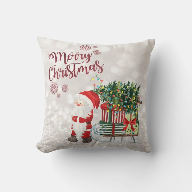 Merry Christmas,Glittery Bokeh,Cat With Santa Hat  Cushion (Front)