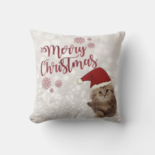 Merry Christmas,Glittery Bokeh,Cat With Santa Hat Cushion