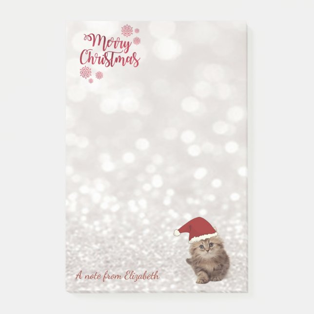 Merry Christmas,Glittery Bokeh ,Cat With Santa Hat Post-it Notes (Front)