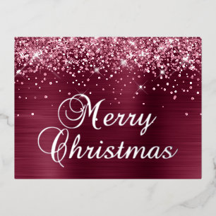 Merry Christmas Glittery Burgundy Red Foil Holiday Postcard