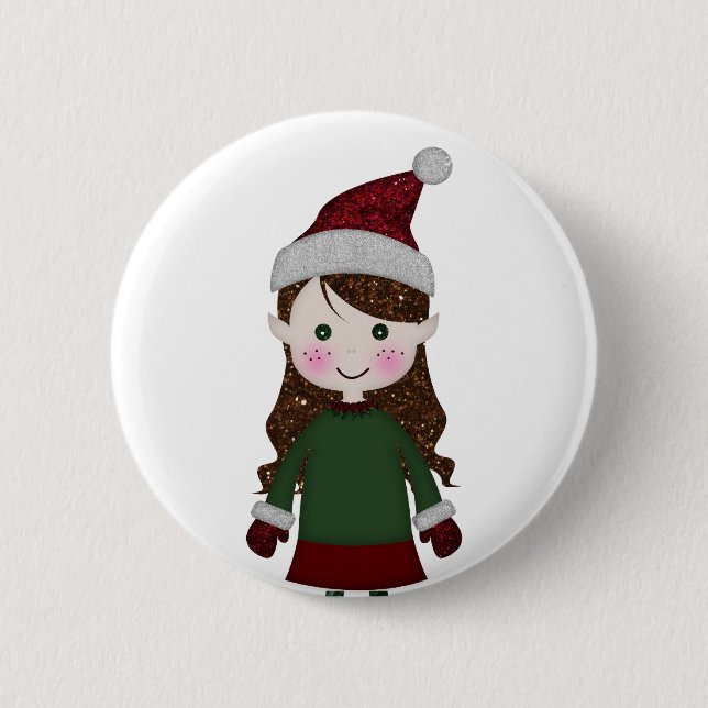 Merry Christmas Glittery Elf Girl Winter Red Green 6 Cm Round Badge (Front)