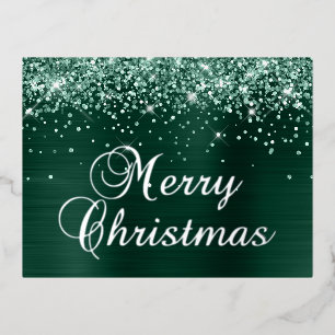Merry Christmas Glittery Pine Green Foil Holiday Postcard