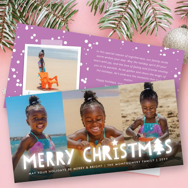 Merry Christmas Glow Whimsical Tree Modern 3 Photo Holiday Card (Creator Uploaded)