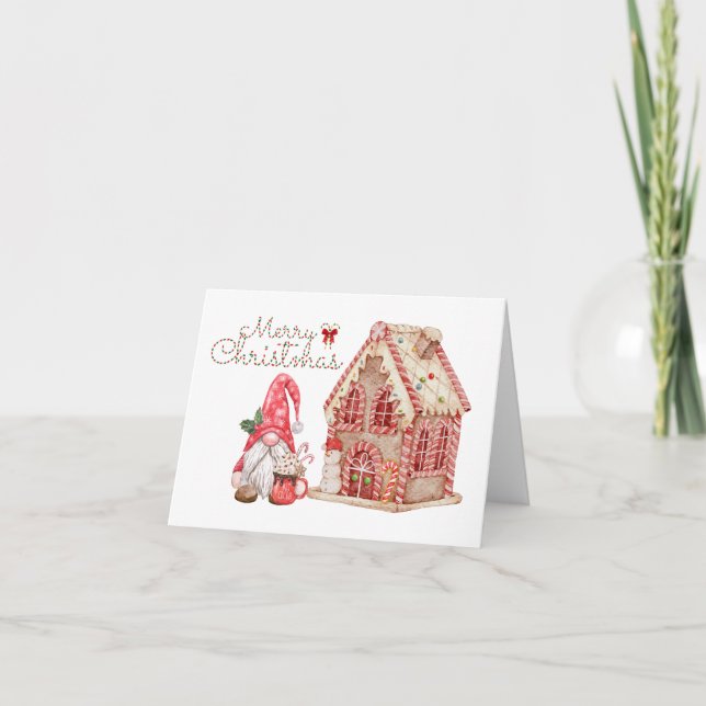 Merry Christmas Gnome and Gingerbread House  Card (Front)