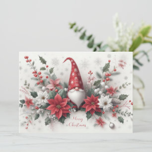 Merry Christmas Gnome and Poinsettias Holiday Card