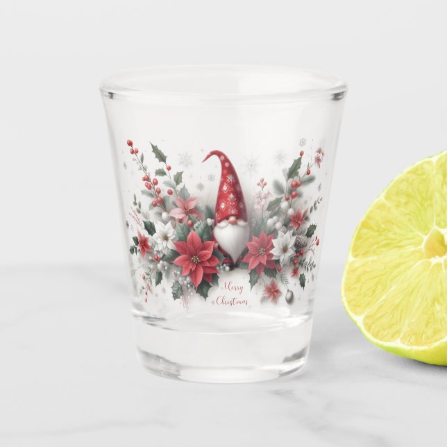 Merry Christmas Gnome and Poinsettias  Shot Glass (Front)