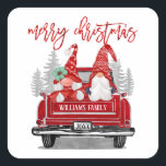 Merry Christmas Gnome Couple Vintage Red Truck  Square Sticker<br><div class="desc">These cute holiday stickers feature a gnome couple wearing red fair aisle hats sitting in the back of a vintage red truck. Above in modern script it reads "Merry Christmas". Personalise with a name and year on the back of the truck. Designed by Susan Coffey.</div>