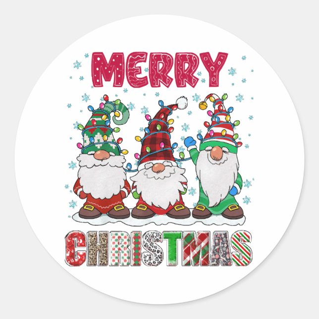 Merry Christmas Gnome Family Funny Xmas Tree Classic Round Sticker (Front)