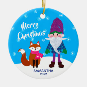 Merry Christmas Gnome Fox Personalised Ceramic Ornament