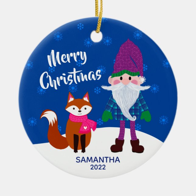 Merry Christmas Gnome Fox Personalised Night Blue Ceramic Ornament (Front)