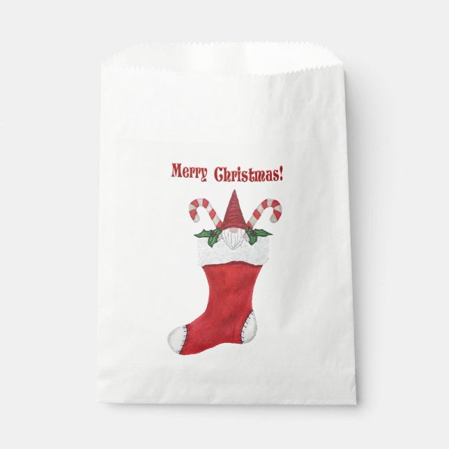 Merry Christmas Gnome in Red Stocking Candy Canes Favour Bag (Front)