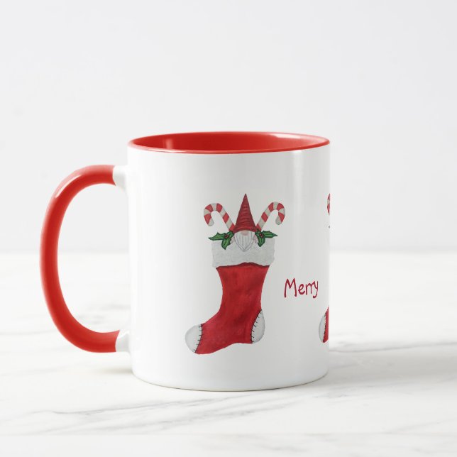 Merry Christmas Gnome in Stocking Green Holly Mug (Left)