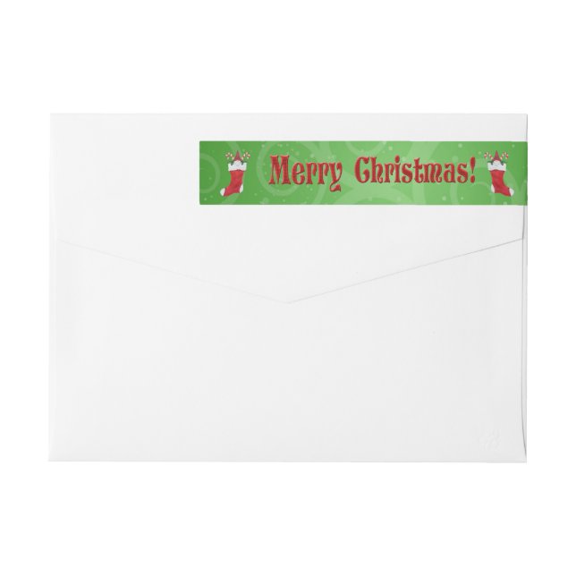 Merry Christmas Gnome in Stocking Green Swirls Wrap Around Label (Back)