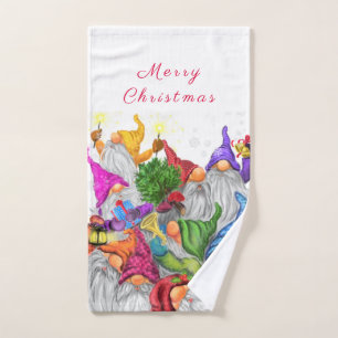 Merry Christmas Gnome Party Cartoon Drawing Funny Bath Towel Set