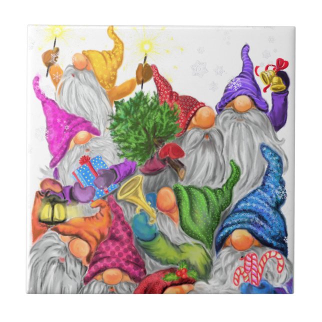 Merry Christmas Gnome Party Cartoon Drawing Funny  Ceramic Tile (Front)