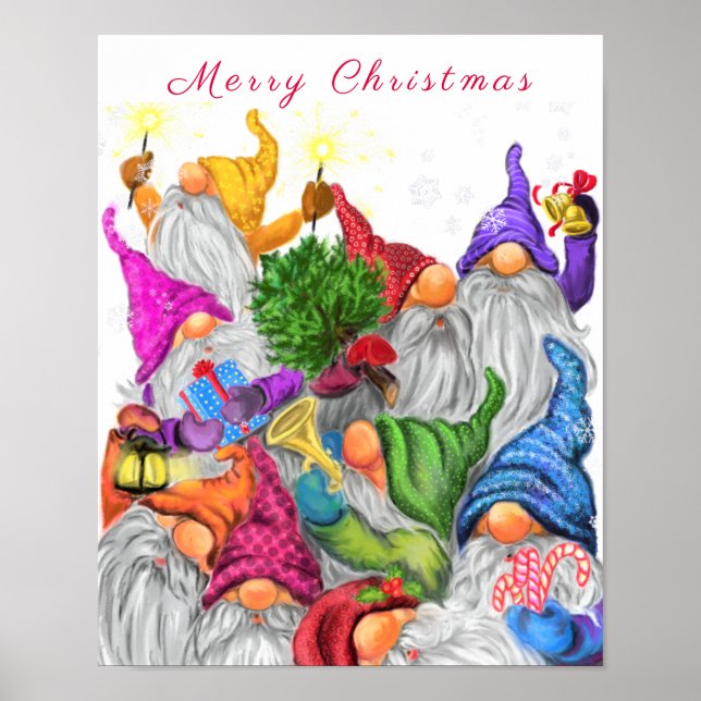 Merry Christmas Gnome Party Cartoon Drawing Funny  Poster (Front)