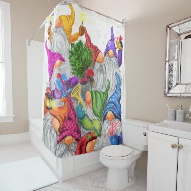 Merry Christmas Gnome Party Cartoon Drawing Funny  Shower Curtain (In Situ)