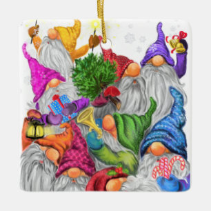 Merry Christmas Gnome Party Funny Drawing Ceramic Ornament