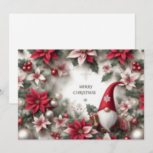 Merry Christmas Gnome, Poinsettias and Holly Holiday Card