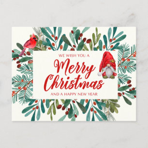 Merry Christmas Gnome, Red Cardinal, Holly Berry  Holiday Postcard